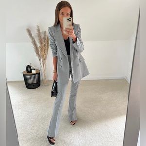 Zara Set - Gray Lined Button Double Breasted Blazer & Slim Hem Cigarette Pants
